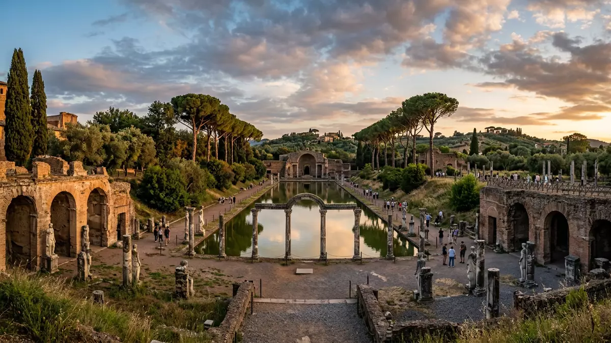 Fotorealistische Ansicht von Villa Adriana Tivoli in Tivoli, Italien im Abendlicht