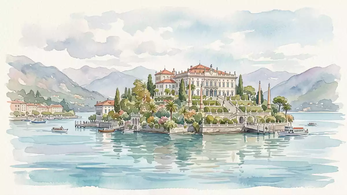 Aquarell-Illustration von Isola Bella Lago Maggiore in Stresa, Italien als Reiseposter