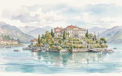Aquarellillustration des Wahrzeichens Isola Bella Lago Maggiore in Stresa Italien, weiche Farbverläufe und pastelliges Reiseposter-Feeling - Foto: THN