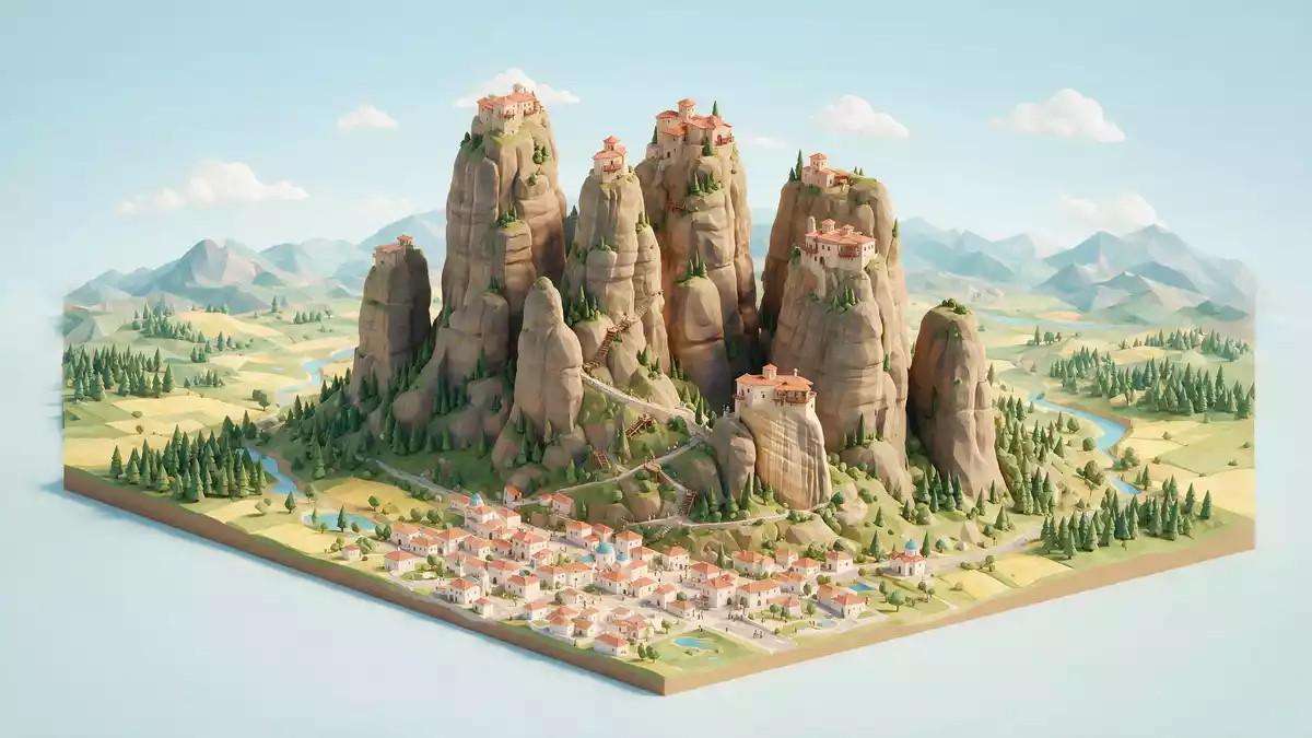 Isometrisches Diorama von Meteora-Klöster in Kalambaka, Griechenland in Pastell