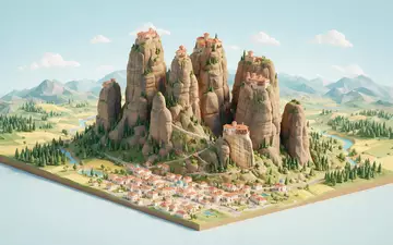Isometrisches Diorama von Meteora-Klöster und Umgebung in Kalambaka Griechenland, verspielte Low-Poly-Kulisse in Pastellfarben - Foto: THN
