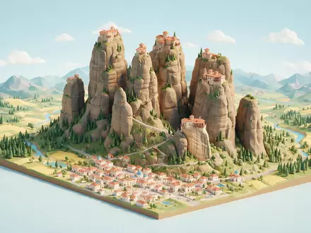 Isometrisches Diorama von Meteora-Klöster und Umgebung in Kalambaka Griechenland, verspielte Low-Poly-Kulisse in Pastellfarben - Foto: THN