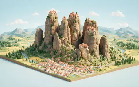 Isometrisches Diorama von Meteora-Klöster und Umgebung in Kalambaka Griechenland, verspielte Low-Poly-Kulisse in Pastellfarben - Foto: THN