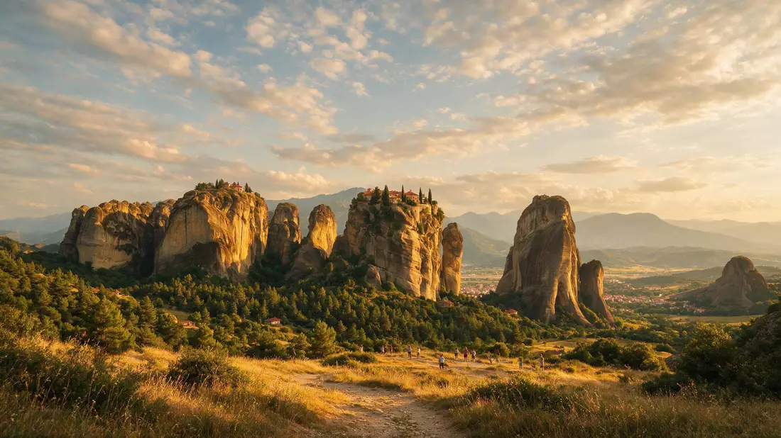 Fotorealistische Ansicht von Meteora-Klöster in Kalambaka, Griechenland im Abendlicht