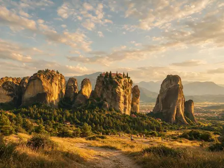 Fotorealistische Panoramaaufnahme von Meteora-Klöster in Kalambaka Griechenland, warmes Abendlicht auf Wahrzeichen im Reisemotiv - Foto: THN