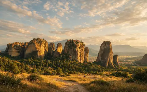 Fotorealistische Panoramaaufnahme von Meteora-Klöster in Kalambaka Griechenland, warmes Abendlicht auf Wahrzeichen im Reisemotiv - Foto: THN