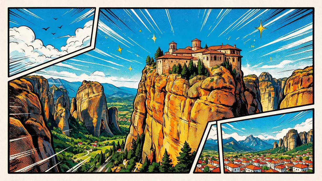 Pop-Art-Comic von Meteora-Klöster in Kalambaka, Griechenland mit Rasterpunkten