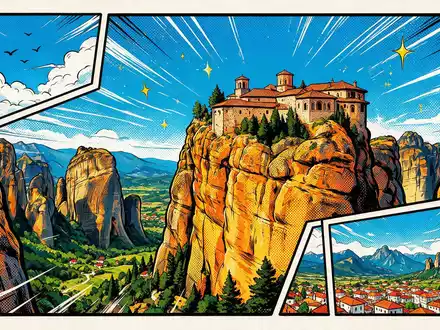 Pop-Art-Comicillustration des Wahrzeichens Meteora-Klöster in Kalambaka Griechenland, kraeftige Konturen Rasterpunkte und satte Farben - Foto: THN