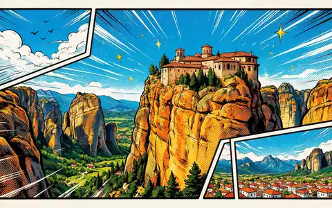 Pop-Art-Comicillustration des Wahrzeichens Meteora-Klöster in Kalambaka Griechenland, kraeftige Konturen Rasterpunkte und satte Farben - Foto: THN