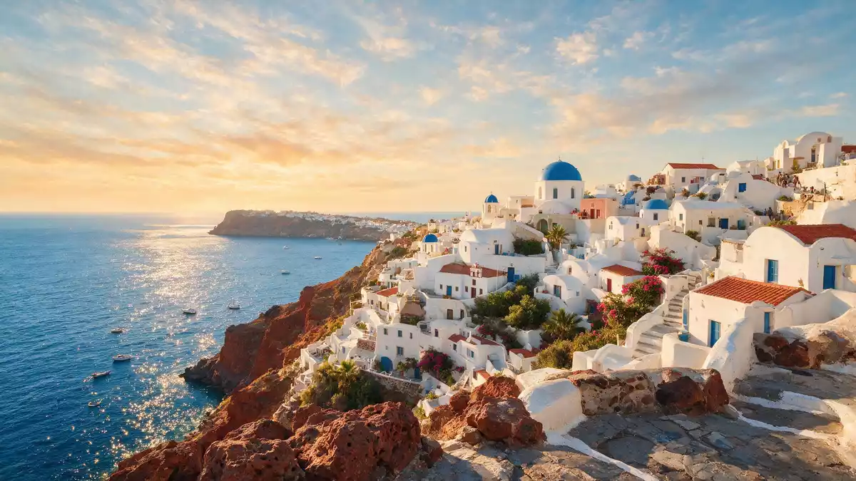 Fotorealistische Ansicht von Oia Santorin in Santorin, Griechenland im Abendlicht