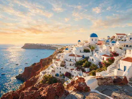Fotorealistische Panoramaaufnahme von Oia Santorin in Santorin Griechenland, warmes Abendlicht auf Wahrzeichen - Foto: THN