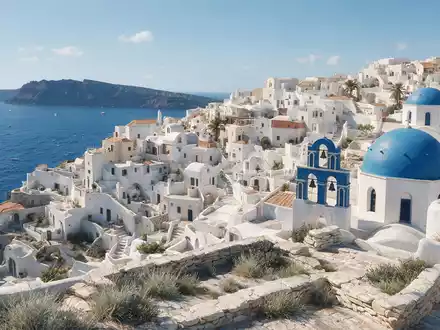 Moderner Architektur-Render zeigt Silhouette von Oia Santorin in Santorin Griechenland, klare Linien und neutrales Tageslicht - Foto: THN