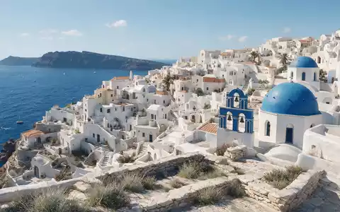 Moderner Architektur-Render zeigt Silhouette von Oia Santorin in Santorin Griechenland, klare Linien und neutrales Tageslicht - Foto: THN