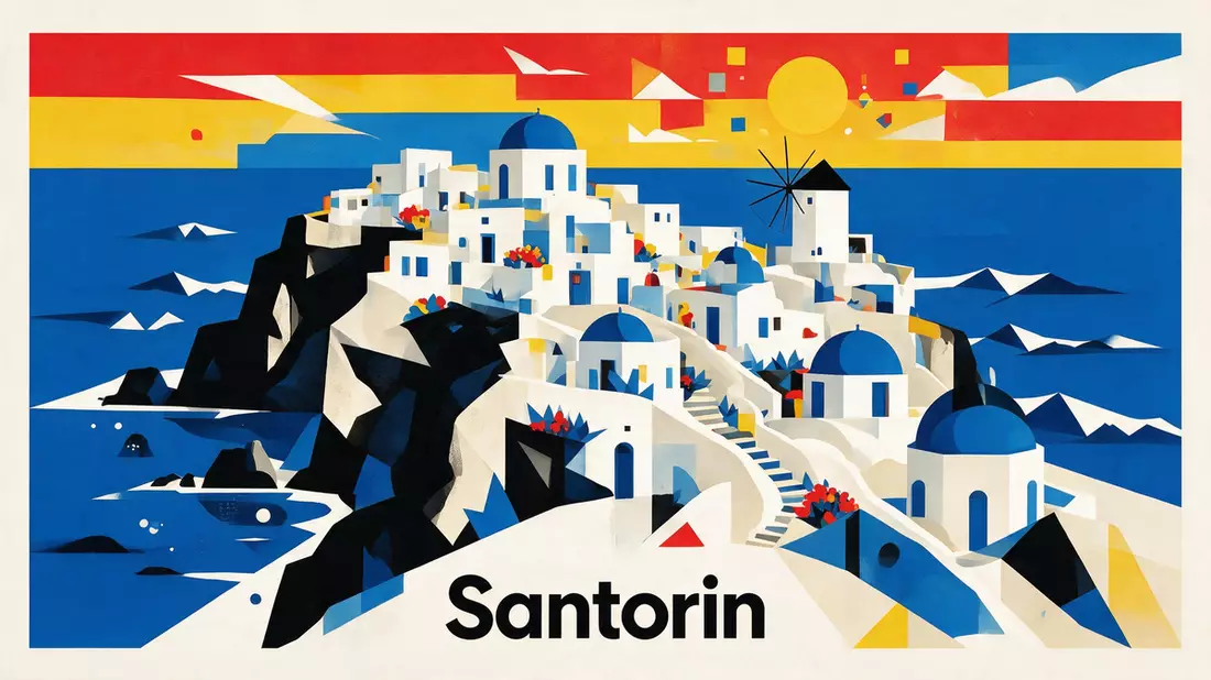 Bauhaus-Poster als Abstraktion von Oia Santorin in Santorin, Griechenland