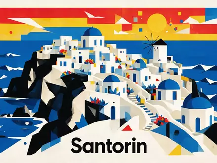 Bauhaus-Poster als geometrische Abstraktion von Oia Santorin in Santorin Griechenland, kraeftige Grundfarben und harte Formkanten - Foto: THN