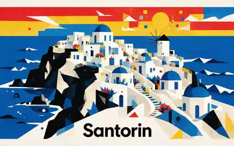 Bauhaus-Poster als geometrische Abstraktion von Oia Santorin in Santorin Griechenland, kraeftige Grundfarben und harte Formkanten - Foto: THN