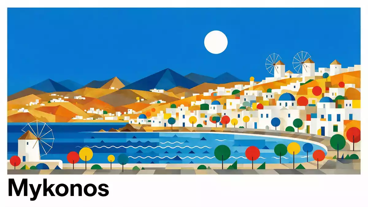 Bauhaus-Poster als Abstraktion von Windmühlen von Mykonos in Mykonos, Griechenland