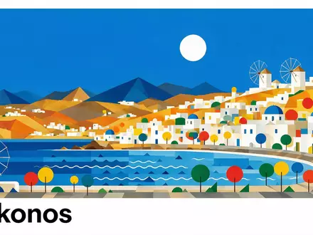 Bauhaus-Poster als geometrische Abstraktion von Windmühlen von Mykonos in Mykonos Griechenland, kraeftige Grundfarben und harte - Foto: THN
