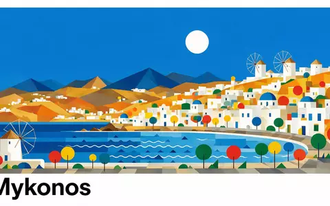Bauhaus-Poster als geometrische Abstraktion von Windmühlen von Mykonos in Mykonos Griechenland, kraeftige Grundfarben und harte - Foto: THN