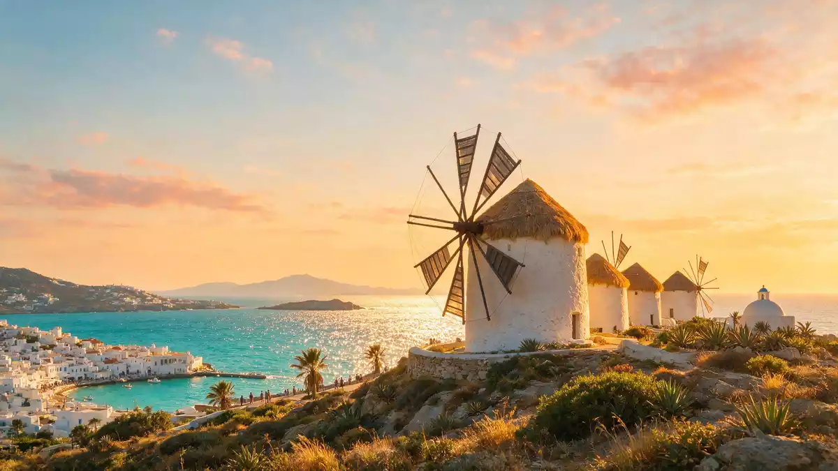 Fotorealistische Ansicht von Windmühlen von Mykonos in Mykonos, Griechenland im Abendlicht