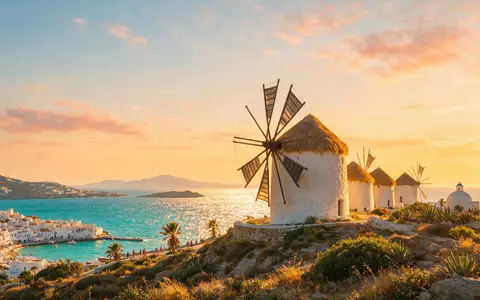 Fotorealistische Panoramaaufnahme von Windmühlen von Mykonos in Mykonos Griechenland, warmes Abendlicht auf Wahrzeichen - Foto: THN