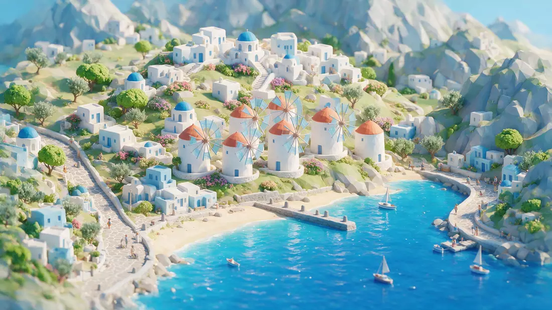 Isometrisches Diorama von Windmühlen von Mykonos in Mykonos, Griechenland in Pastell