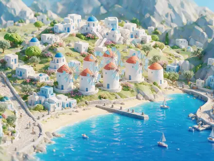Isometrisches Diorama von Windmühlen von Mykonos und Umgebung in Mykonos Griechenland, verspielte Low-Poly-Kulisse in Pastellfarben - Foto: THN