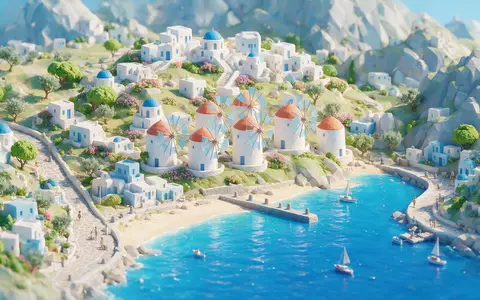 Isometrisches Diorama von Windmühlen von Mykonos und Umgebung in Mykonos Griechenland, verspielte Low-Poly-Kulisse in Pastellfarben - Foto: THN
