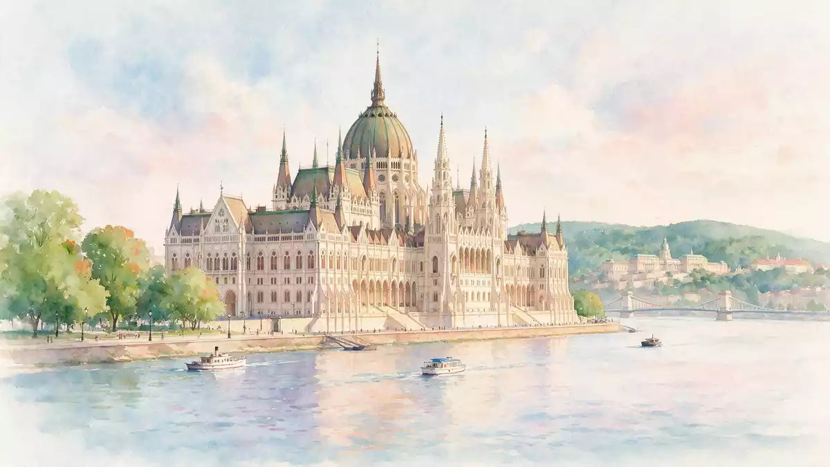 Aquarell-Illustration von Parlamentsgebäude Budapest in Budapest, Ungarn als Reiseposter