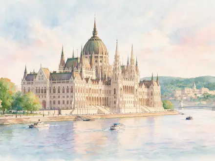 Aquarellillustration des Wahrzeichens Parlamentsgebäude Budapest in Budapest Ungarn, weiche Farbverläufe und pastelliges Reiseposter-Feeling - Foto: THN