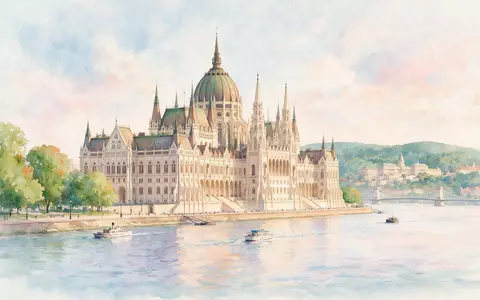 Aquarellillustration des Wahrzeichens Parlamentsgebäude Budapest in Budapest Ungarn, weiche Farbverläufe und pastelliges Reiseposter-Feeling - Foto: THN