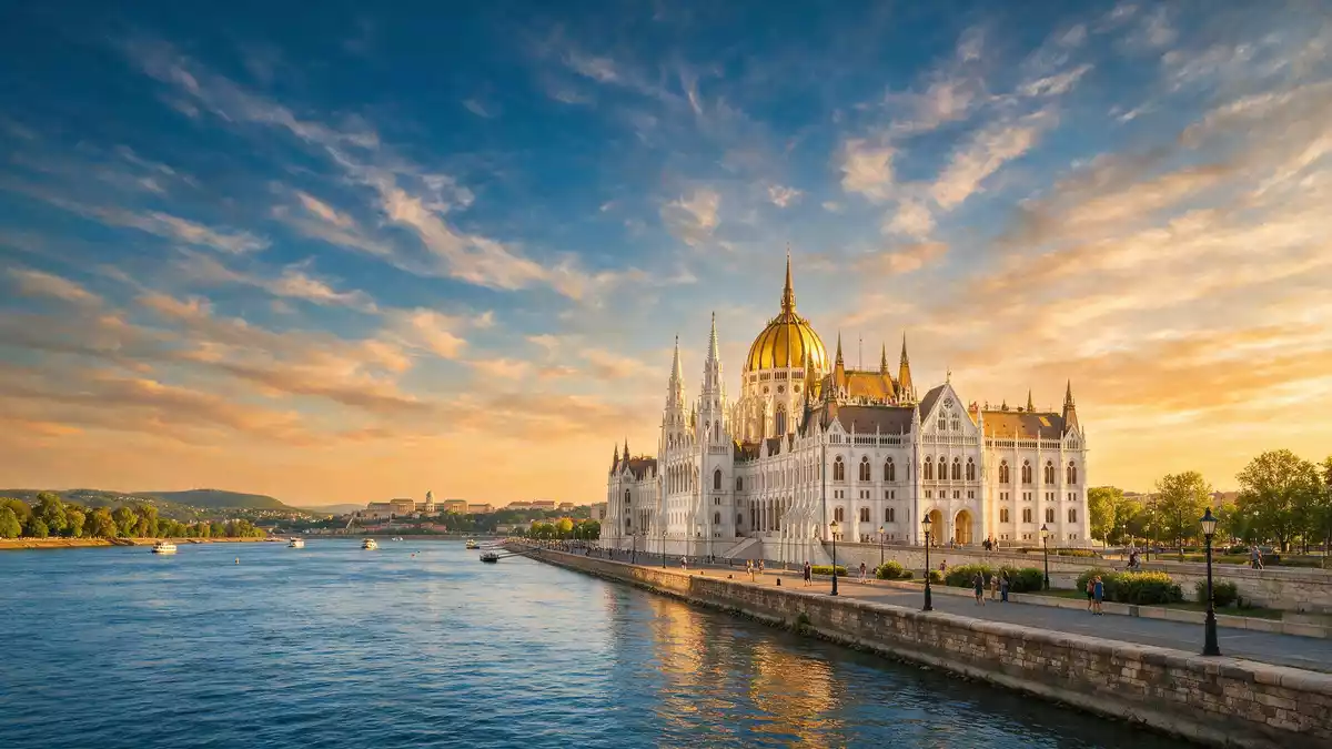 Fotorealistische Ansicht von Parlamentsgebäude Budapest in Budapest, Ungarn im Abendlicht