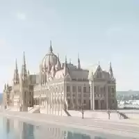 Moderner Architektur-Render zeigt Silhouette von Parlamentsgebäude Budapest in Budapest Ungarn, klare Linien und neutrales Tageslicht - Foto: THN