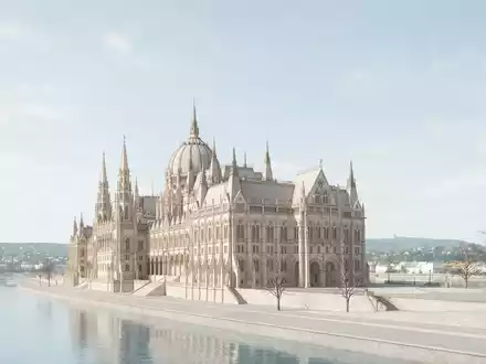 Moderner Architektur-Render zeigt Silhouette von Parlamentsgebäude Budapest in Budapest Ungarn, klare Linien und neutrales Tageslicht - Foto: THN