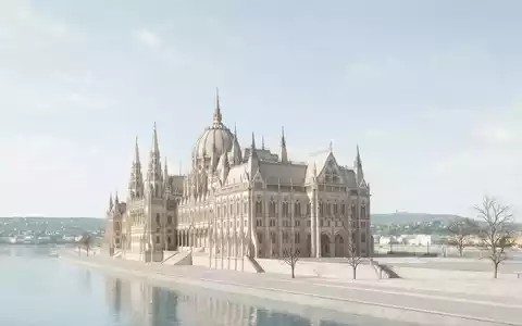 Moderner Architektur-Render zeigt Silhouette von Parlamentsgebäude Budapest in Budapest Ungarn, klare Linien und neutrales Tageslicht - Foto: THN