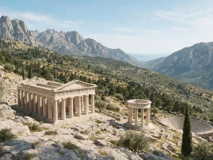 Moderner Architektur-Render zeigt Silhouette von Delphi in Delphi Griechenland, klare Linien und neutrales Tageslicht - Foto: THN