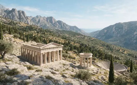 Moderner Architektur-Render zeigt Silhouette von Delphi in Delphi Griechenland, klare Linien und neutrales Tageslicht - Foto: THN