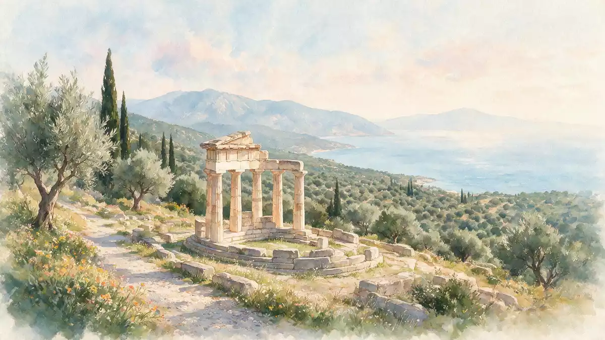 Aquarell-Illustration von Delphi in Delphi, Griechenland als Reiseposter