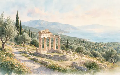 Aquarellillustration des Wahrzeichens Delphi in Delphi Griechenland, weiche Farbverläufe und pastelliges Reiseposter-Feeling - Foto: THN