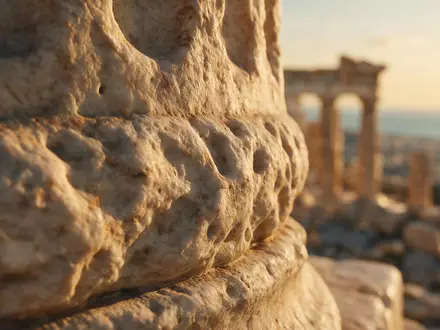 Extreme Makroaufnahme eines Materialdetails am Wahrzeichen Akropolis Athen in Athen Griechenland, taktile Struktur und weiches - Foto: THN
