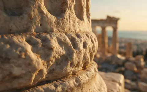 Extreme Makroaufnahme eines Materialdetails am Wahrzeichen Akropolis Athen in Athen Griechenland, taktile Struktur und weiches - Foto: THN