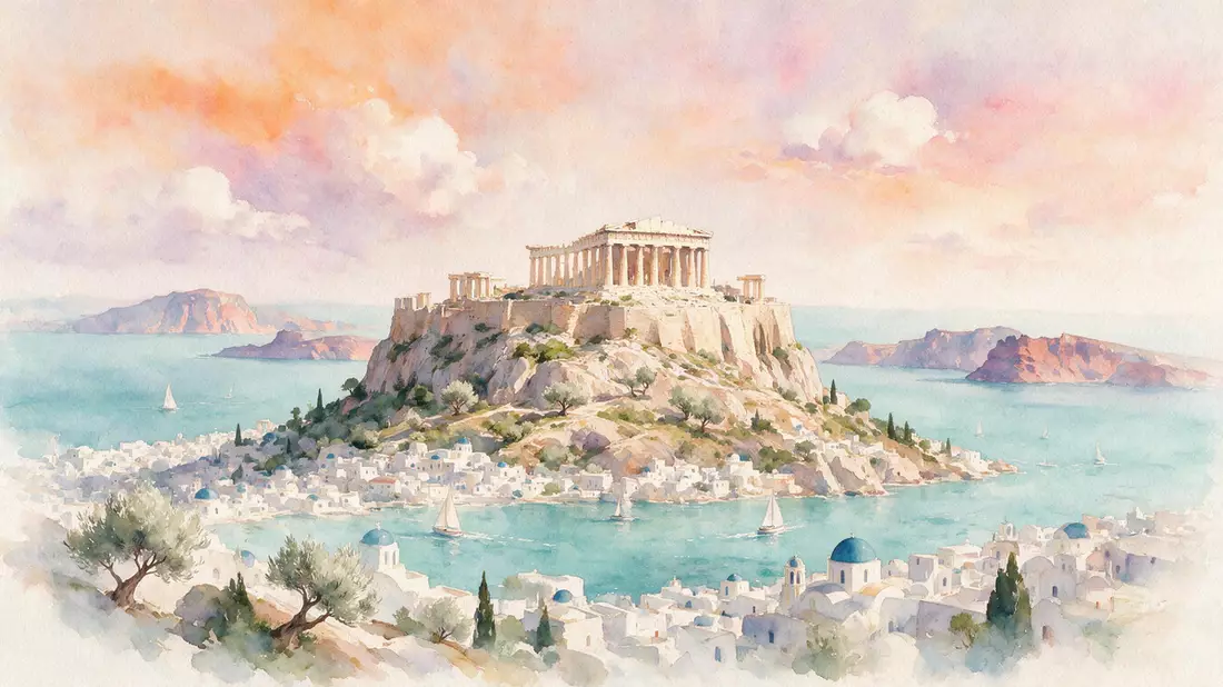 Aquarell-Illustration von Akropolis Athen in Athen, Griechenland als Reiseposter