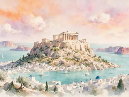 Aquarellillustration des Wahrzeichens Akropolis Athen in Athen Griechenland, weiche Farbverläufe und pastelliges Reiseposter-Feeling - Foto: THN