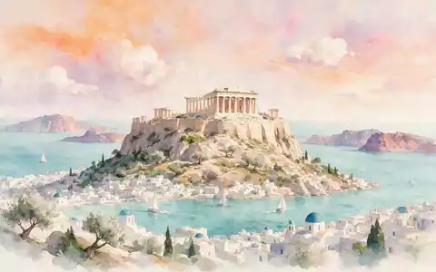 Aquarellillustration des Wahrzeichens Akropolis Athen in Athen Griechenland, weiche Farbverläufe und pastelliges Reiseposter-Feeling - Foto: THN