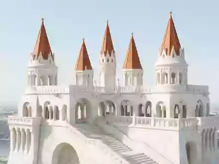 Moderner Architektur-Render zeigt Silhouette von Fischerbastei Budapest in Budapest Ungarn, klare Linien und neutrales Tageslicht - Foto: THN