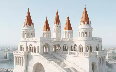 Moderner Architektur-Render zeigt Silhouette von Fischerbastei Budapest in Budapest Ungarn, klare Linien und neutrales Tageslicht - Foto: THN