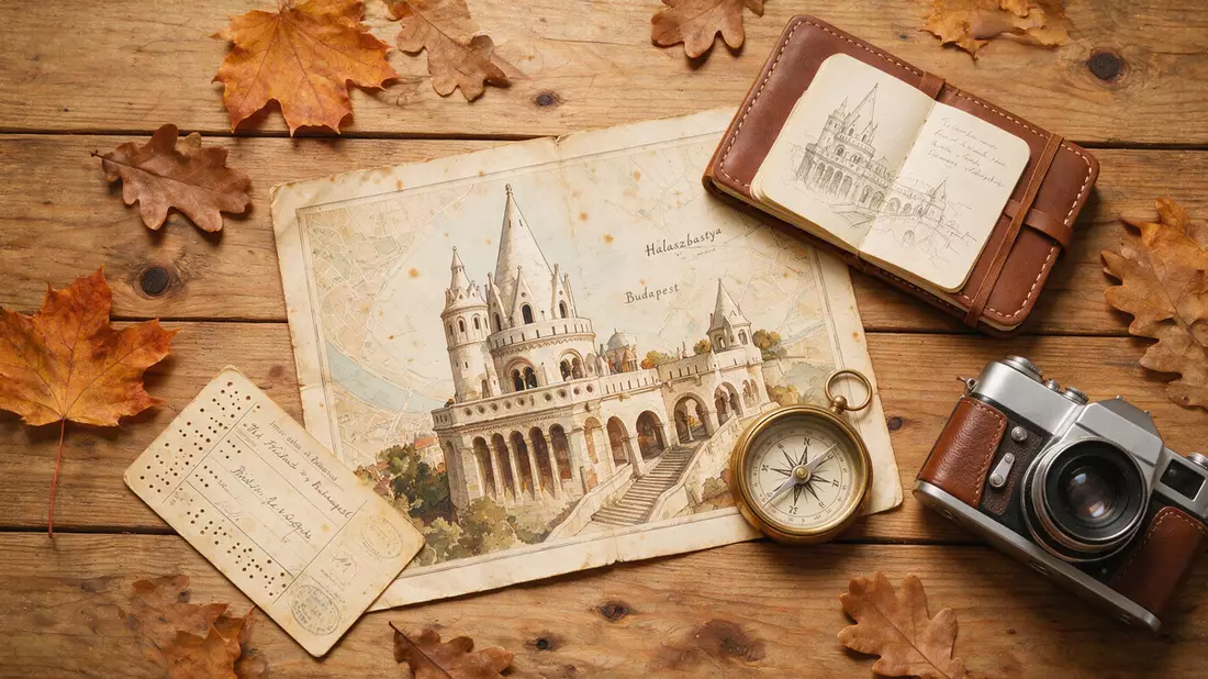 Flatlay-Reise-Arrangement rund um Fischerbastei Budapest in Budapest, Ungarn