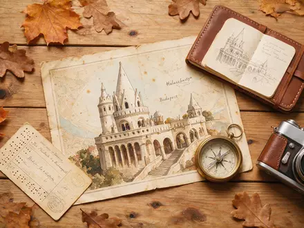 Flatlay-Reise-Arrangement rund um Fischerbastei Budapest in Budapest Ungarn, Karte Kompass Kamera und generische Reiserequisiten - Foto: THN