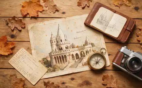 Flatlay-Reise-Arrangement rund um Fischerbastei Budapest in Budapest Ungarn, Karte Kompass Kamera und generische Reiserequisiten - Foto: THN