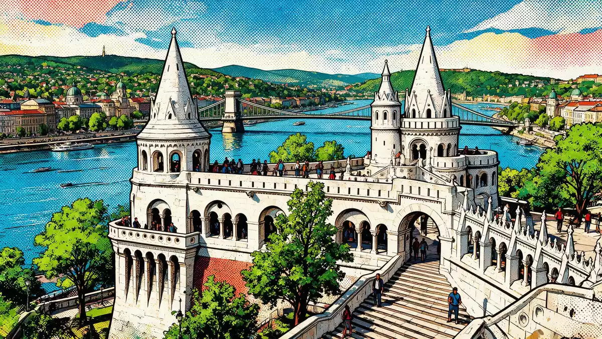 Pop-Art-Comic von Fischerbastei Budapest in Budapest, Ungarn mit Rasterpunkten